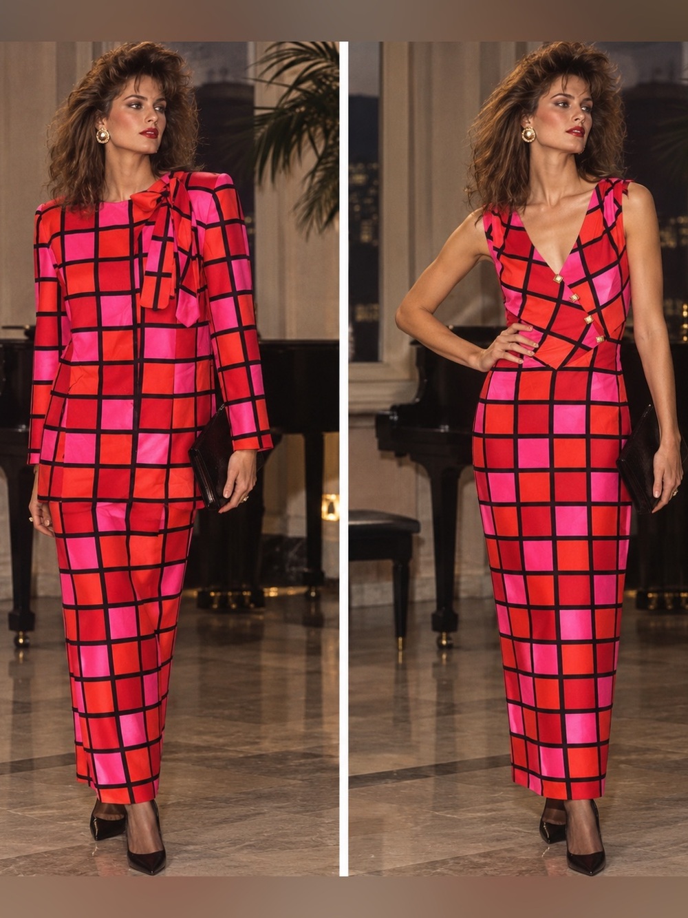 80s Mandana Silk Geometric Dress and Jacket Set